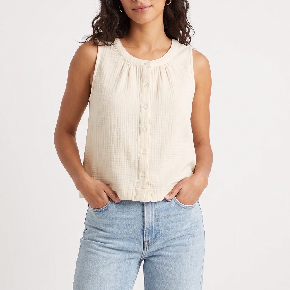 Banana Republic Tank Top Womens Medium Cream Gauze Button Front Excellent